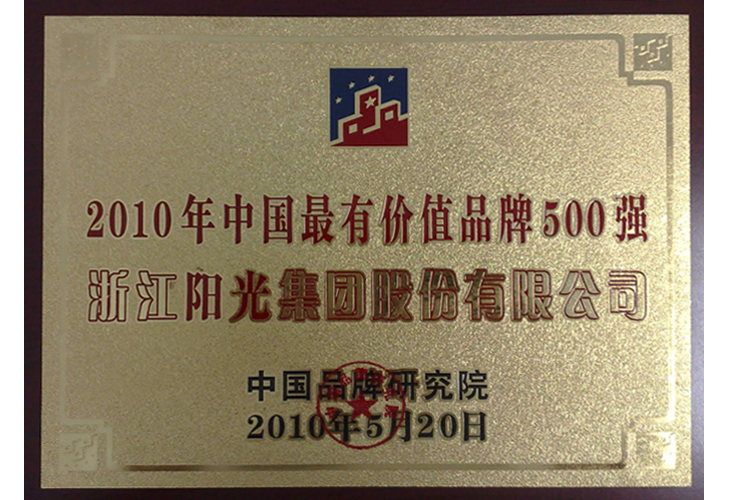 Certificate of Honor for China's Top 500 Most Valuable Brands